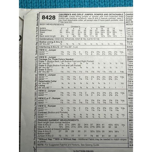 McCalls 8428 Sewing pattern girls Jumper dress romper 1980s size 10 12 14 - Picture 4 of 5